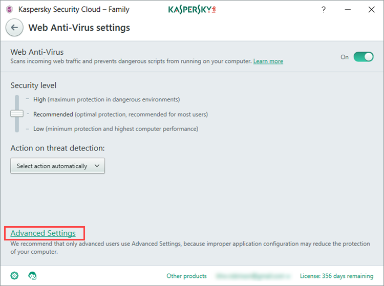 Image: Web Anti-Virus settings in Kaspersky Security Cloud