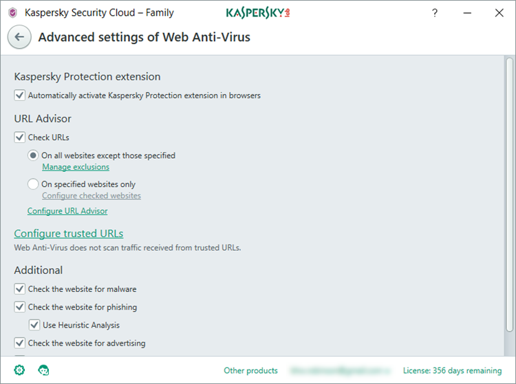 Image: Advanced settings of Web Anti-Virus window in Kaspersky Security Cloud