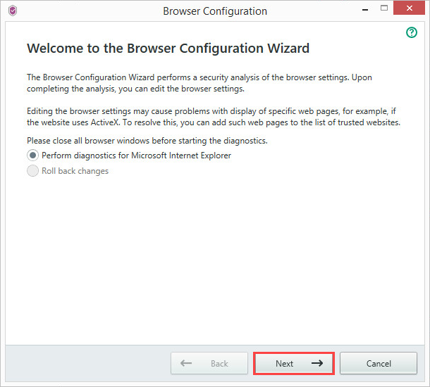 Image: How to run the Browser Configuration Wizard in Kaspersky Security Cloud