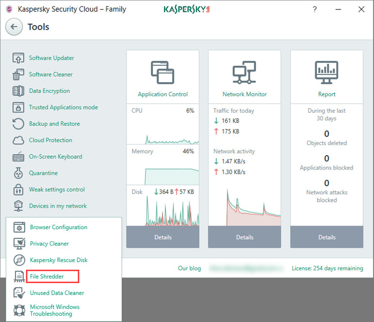 Image: the Tools window in Kaspersky Security Cloud