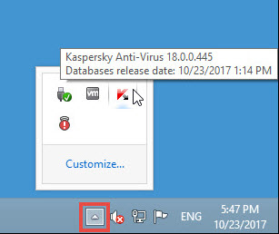 Image: the Kaspersky Anti-Virus 2018 icon in the notification area of Desktop