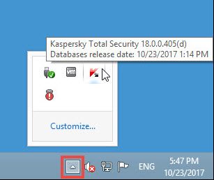 Image: the Kaspersky Total Security 2018 in the notification area of Desktop
