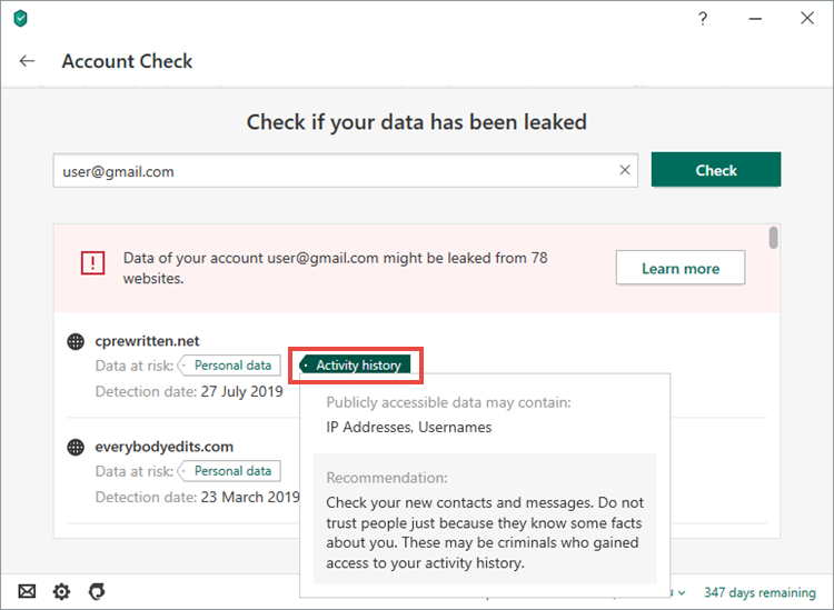 Viewing account check results in Kaspersky Security Cloud 19