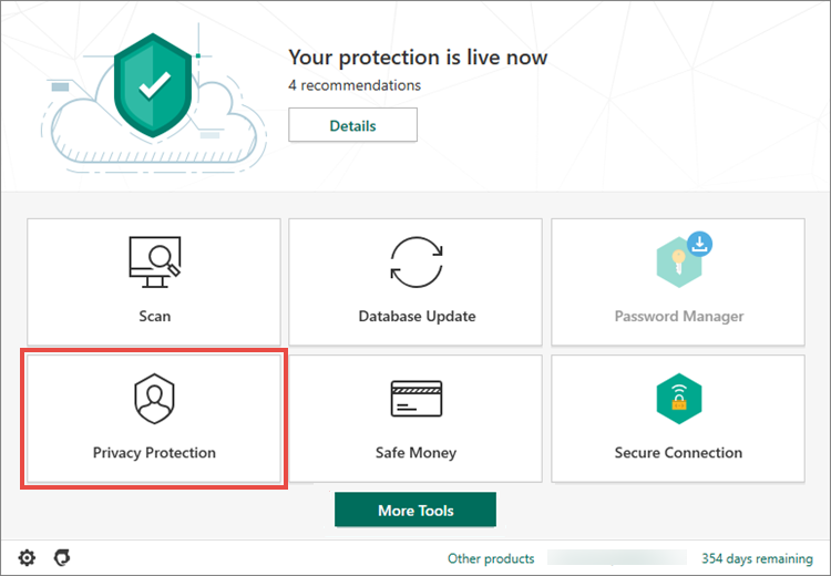 Opening Privacy Protection settings in Kaspersky Security Cloud 19
