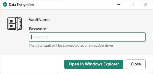 Data vault password window in a Kaspersky product
