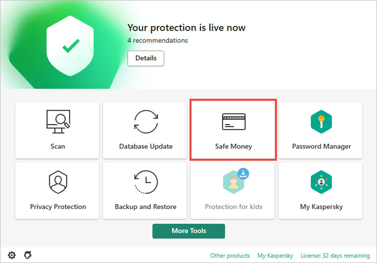 Opening Safe Money in the Kaspersky application