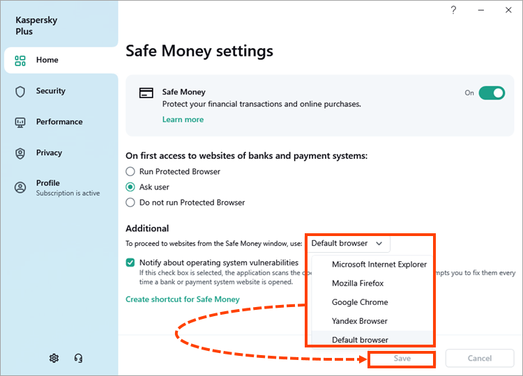Select browser for Safe Money