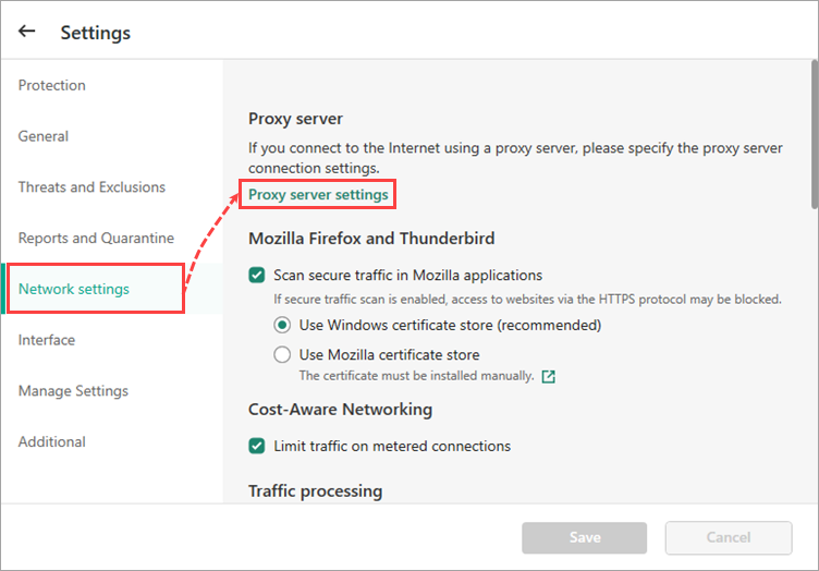 The Settings window of a Kaspersky application with the Network settings section open.
