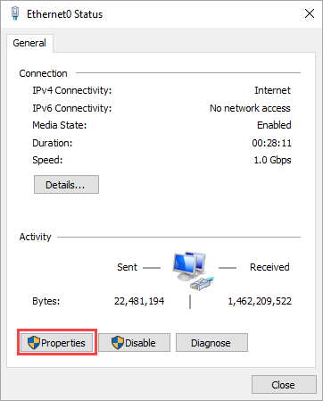 Connection properties in Windows 10.