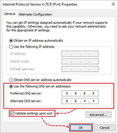 Setting Google Public DNS in Windows 10.