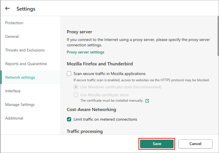 Saving the changes in the Network settings