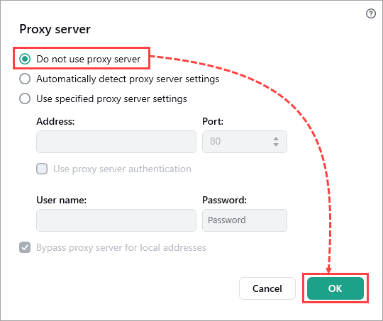 Proxy server settings window in a Kaspersky application.