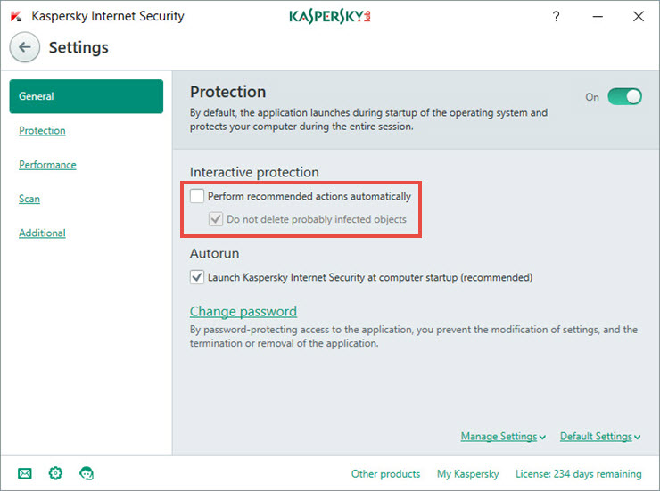 Disable the automatic protection mode in Kaspersky Internet Security 2018