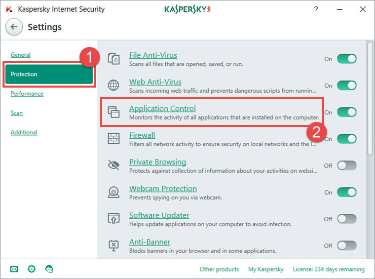 Image: Kaspersky Internet Security Settings window