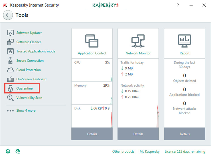 Opening the Quarantine window of Kaspersky Internet Security 2018