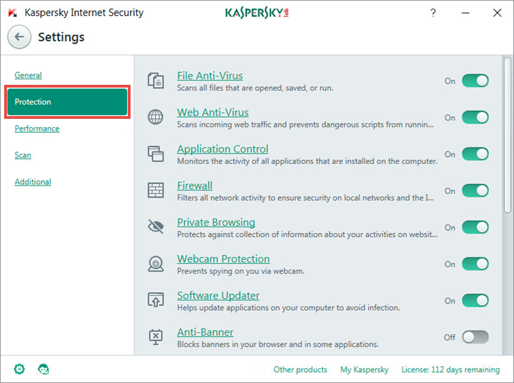 Adjusting the settings of protection components in Kaspersky Internet Security 2018