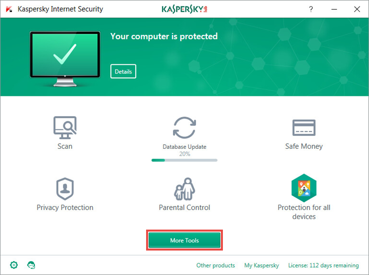 Opening the Tools window of Kaspersky Internet Security 2018