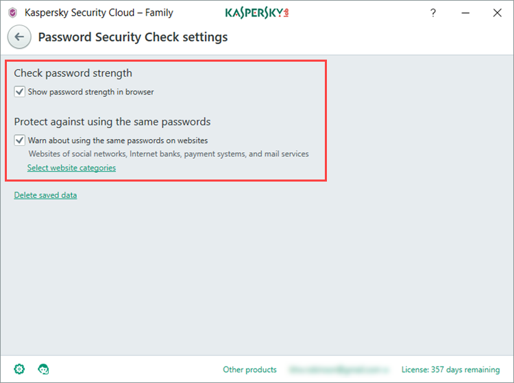 Image: Password Security Check settings window in Kaspersky Security Cloud
