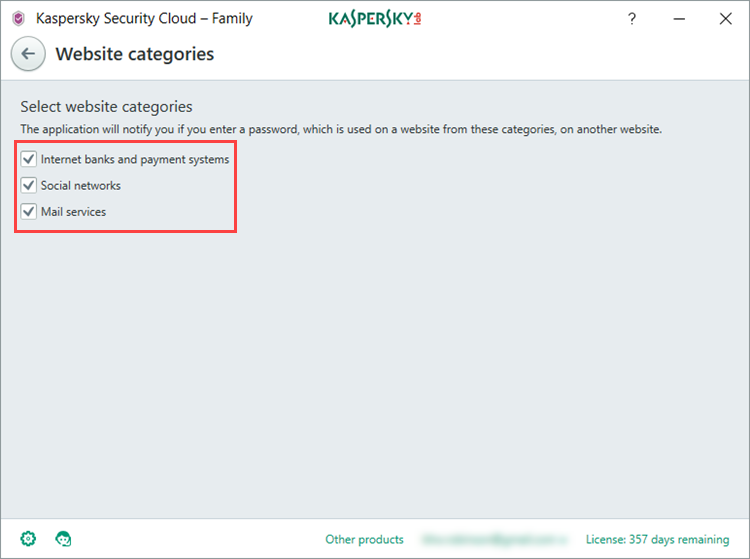 Image: Website categories window in Kaspersky Security Cloud