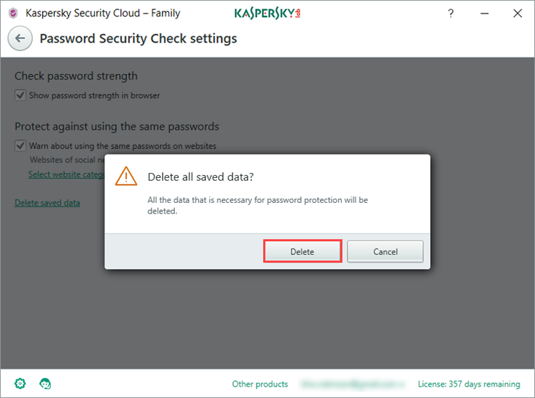 Image: Password Security Check settings window in Kaspersky Security Cloud