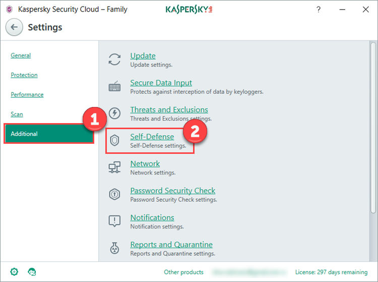 Image: Kaspersky Security Cloud Settings window