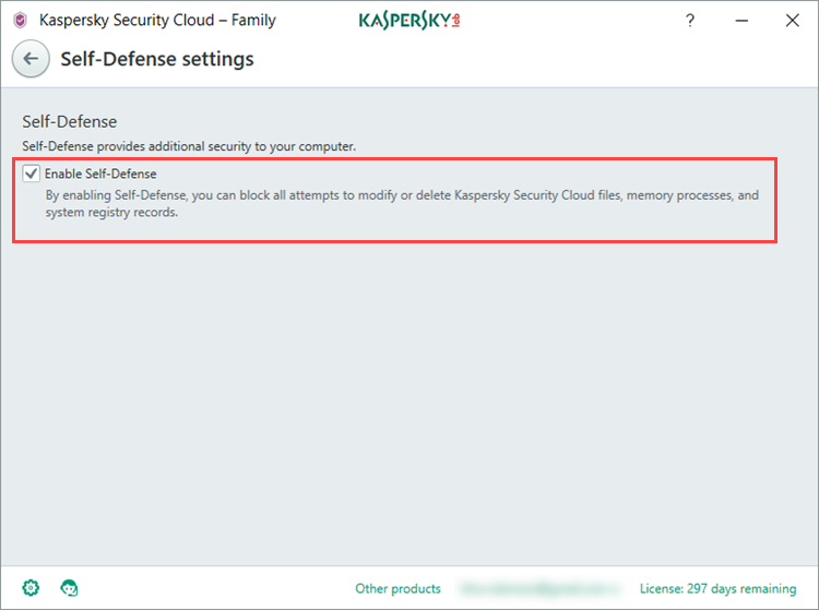 Image: Kaspersky Security Cloud Self-Defense settings window