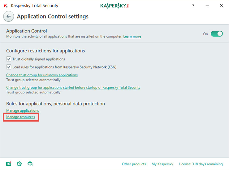 Image: the Application Control window in Kaspersky Total Security 2018