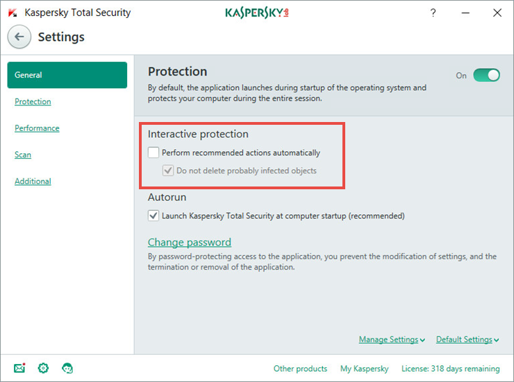 Disable the automatic protection mode in Kaspersky Total Security 2018