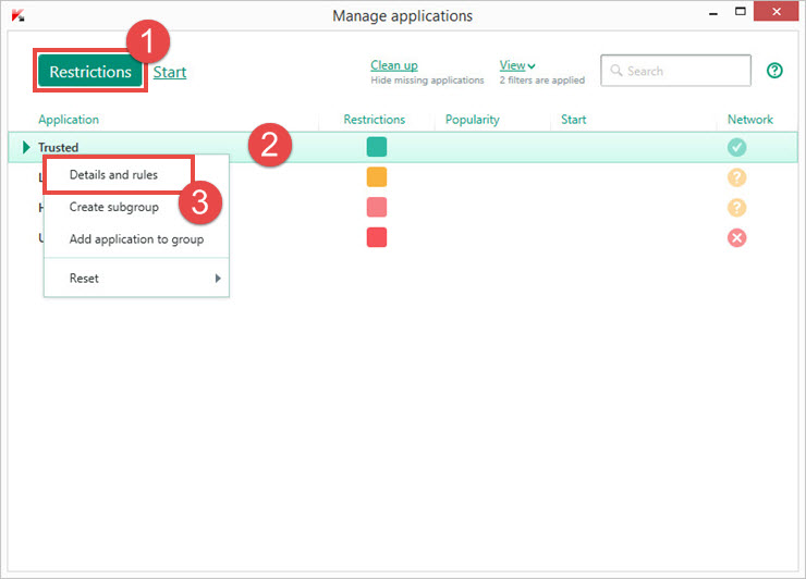 Image: the application management window in Kaspersky Total Security 2018
