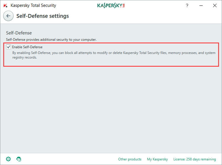 Image: Self-Defense settings window in Kaspersky Total Security