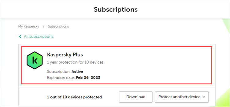 Opening the subscription details on My Kaspersky