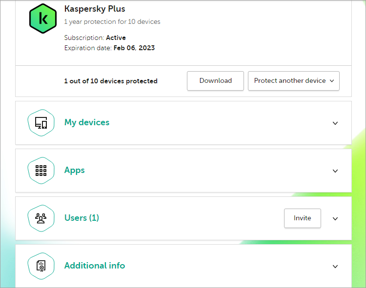 Subscription or license information displayed on My Kaspersky