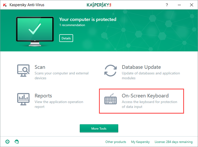 How to start On-Screen Keyboard from the main window of Kaspersky Anti-Virus 2018
