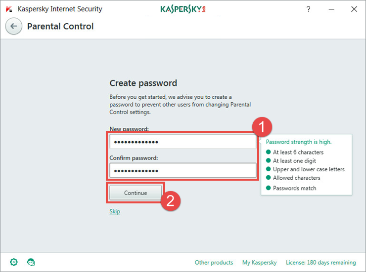 Password setting page in Parental Control