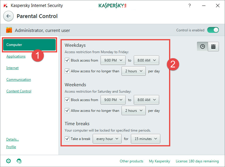 Restricting the access to the computer in Kaspersky Internet Security 2018