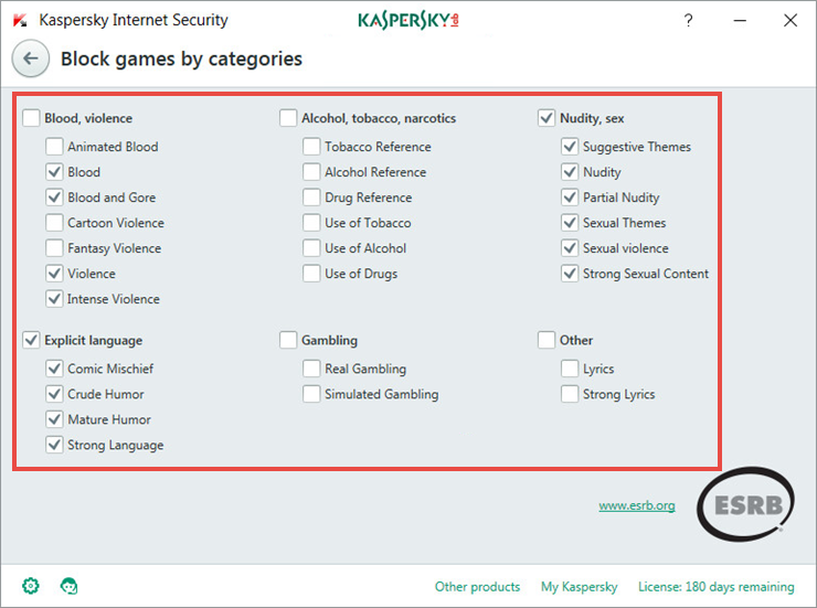 Blocking games of adult categories in Kaspersky Internet Security 2018