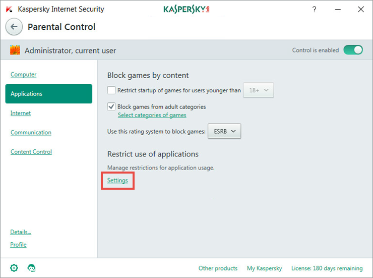 Restricting the use of applications with Kaspersky Internet Security