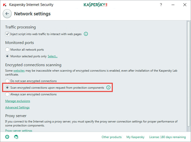 Enabling encrypted connections control when Parental Control is enabled in Kaspersky Internet Security