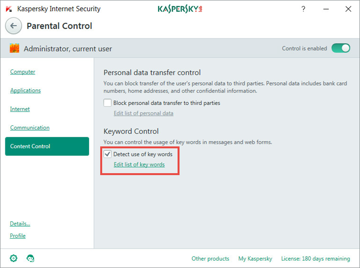 Setting the keyword control in Kaspersky Internet Security 2018