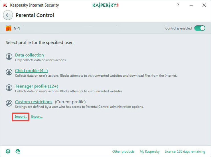 Importing the Parental Control settings to to the application