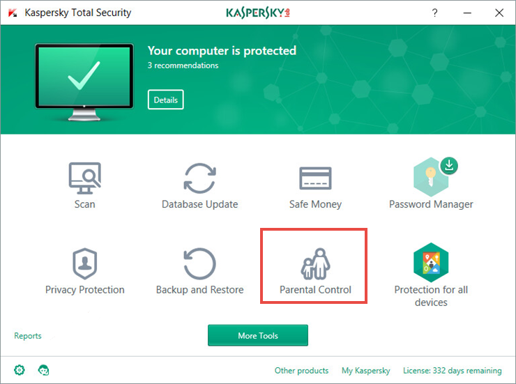 Image: the main window of Kaspersky Total Security 2018