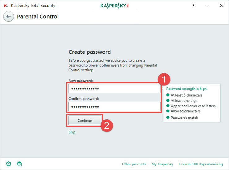 Password setting page in Parental Control