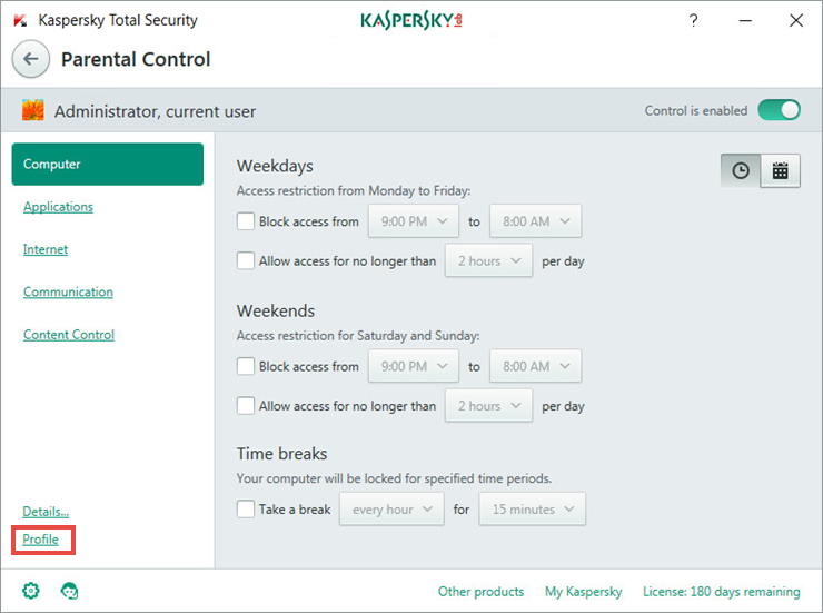 The Parental Control window in Kaspersky Total Security 2018 