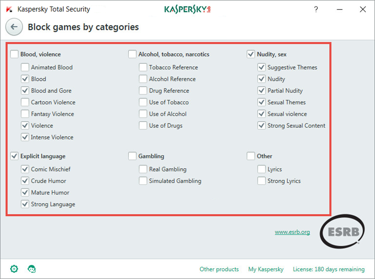 Blocking games of adult categories in Kaspersky Total Security 2018