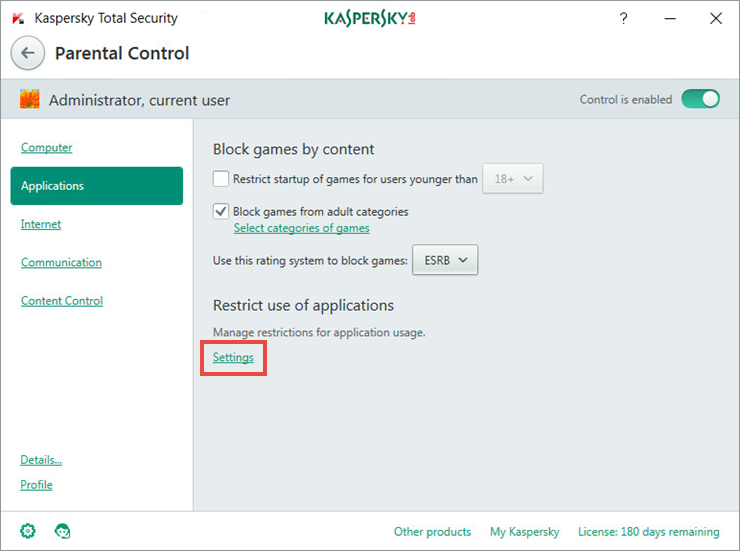 Restricting the use of applications with Kaspersky Total Security