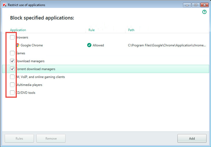 Restricting the use of applications with Kaspersky Internet Security