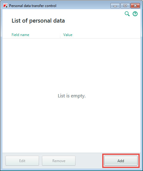 Adding personal data to control in Kaspersky Total Security