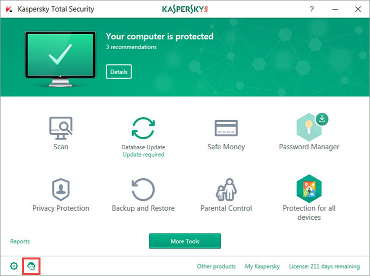 The main window of Kaspersky Total Security 2018 