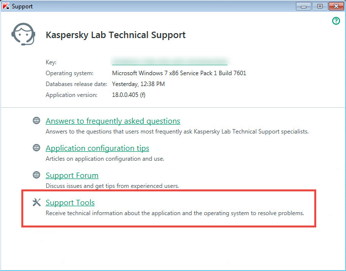 The Support window of Kaspersky Total Security 2018