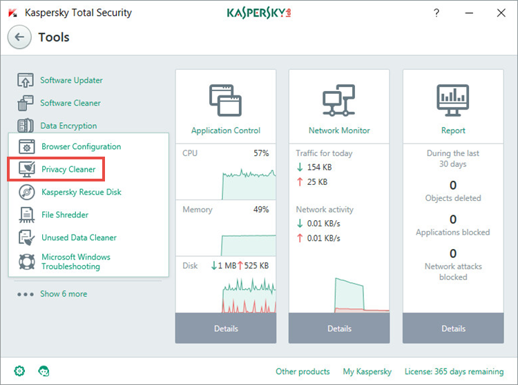 Removing user activity traces in Kaspersky Total Security 2018